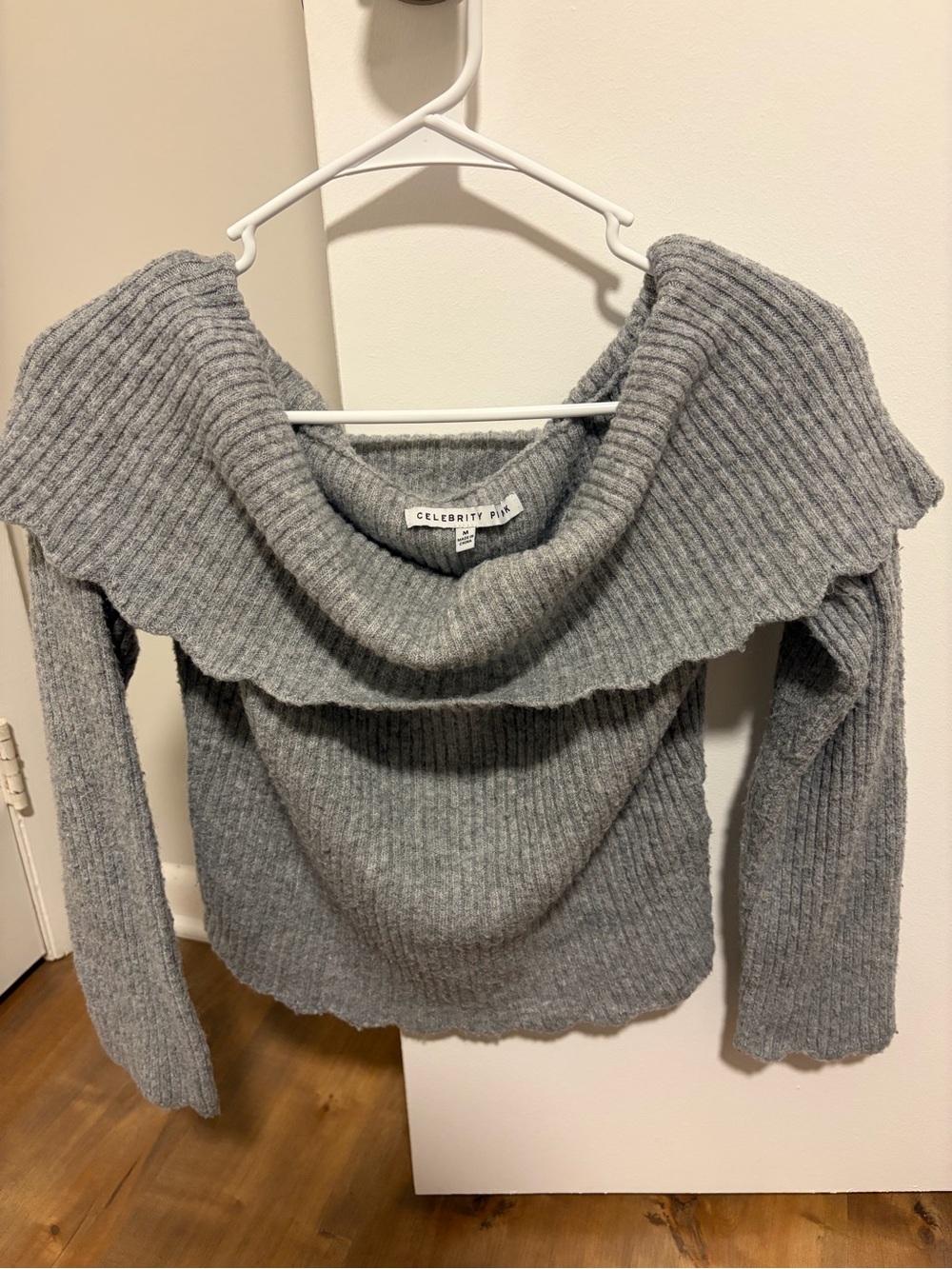 Celebrity Pink Gray Off-Shoulder Ribbed Sweater
